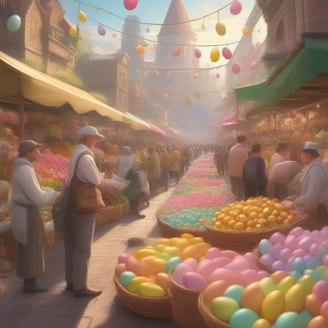 A lively street market bustling with shoppers, vibrant with the colors of spring festivities.