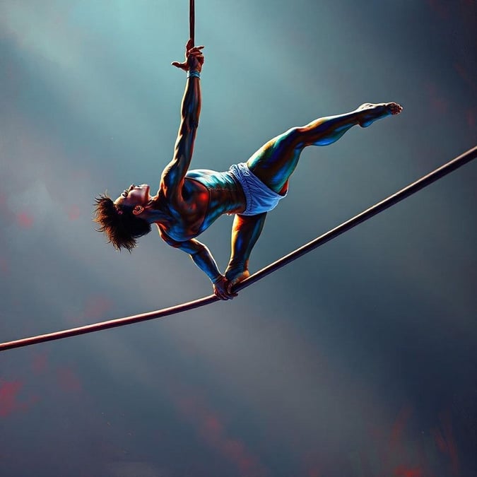 This captivating wallpaper showcases a circus acrobat in mid-performance, suspended high above the ground on a tightrope. The acrobat's dynamic pose, with one arm outstretched and the other grasping the rope, conveys a sense of athleticism and skill. The image is set against a blurred background, drawing the viewer's attention to the acrobat's impressive feat.