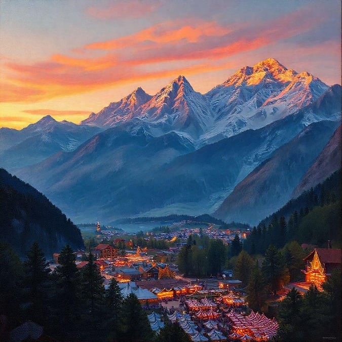 This picturesque village in the Swiss Alps exudes a quaint, welcoming atmosphere, with its cobblestone streets and historic buildings. The backdrop of majestic peaks under a warm sunset completes this idyllic setting, making it an ideal wallpaper for those who enjoy the charm of European architecture amidst nature's grandeur.