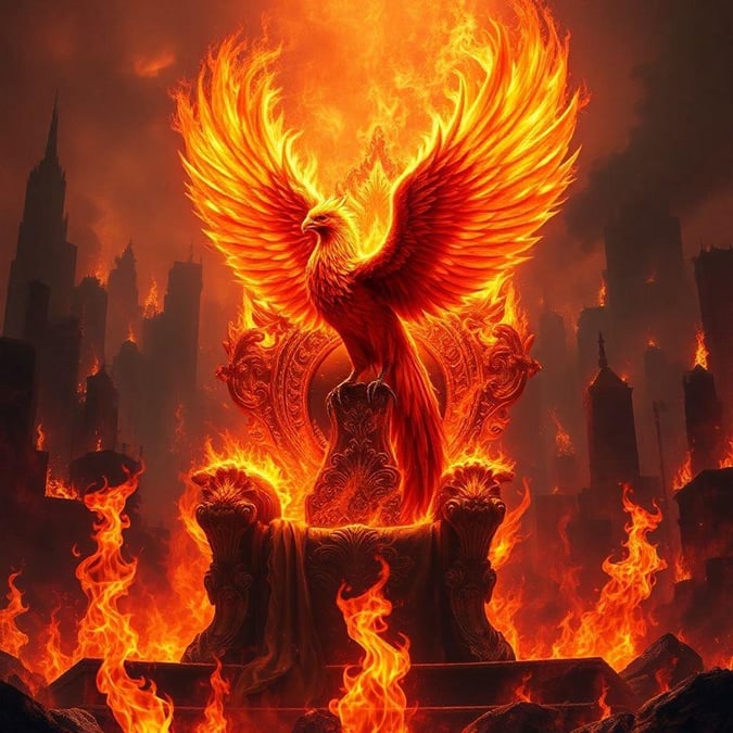 This fantasy-themed wallpaper showcases a powerful phoenix rising from the ashes of a fallen empire. The bird, perched on its throne amidst the ruins, represents rebirth and renewal against the backdrop of destruction.