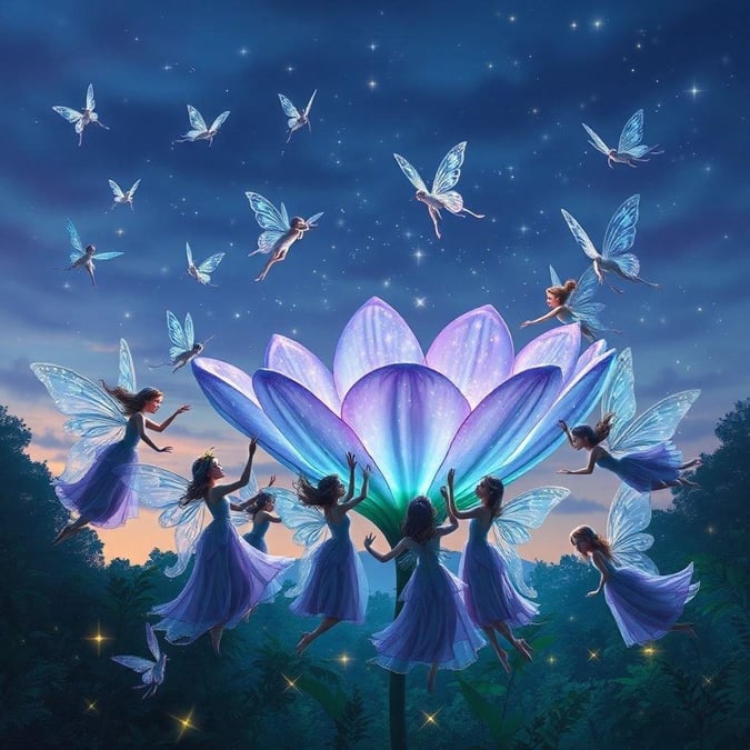 This enchanting scene captures the beauty of fairy magic set against a tranquil forest at dusk. Fairies, glowing like stars in the twilight, dance around a lotus flower with petals that open to reveal a hidden gem within.