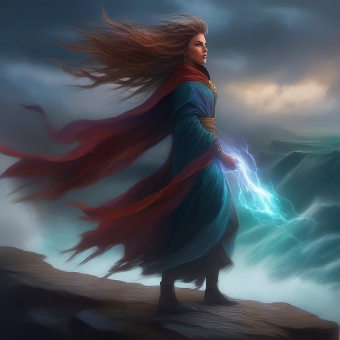 This fantasy wallpaper features a woman with long hair and a flowing dress, standing on a rocky outcropping with a dramatic sky in the background. The image is perfect for fans of fantasy and adventure, and would look great as a desktop or mobile wallpaper.