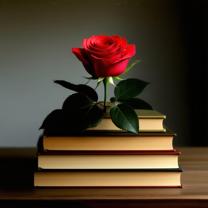 Celebrating milestones with a single rose on top of books.