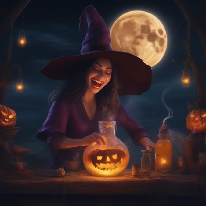 This festive digital artwork captures the essence of Halloween, with a witch immersed in her craft. She seems to be brewing up some magical concoctions for the celebration.