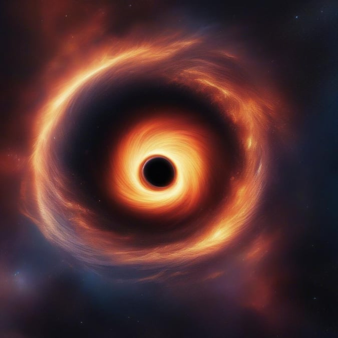 This captivating image showcases a black hole in all its glory, with its dark center surrounded by vibrant, swirling rings of orange and yellow. The black hole is set against a stunning backdrop of stars and galaxies, creating a sense of depth and scale that is both awe-inspiring and humbling.