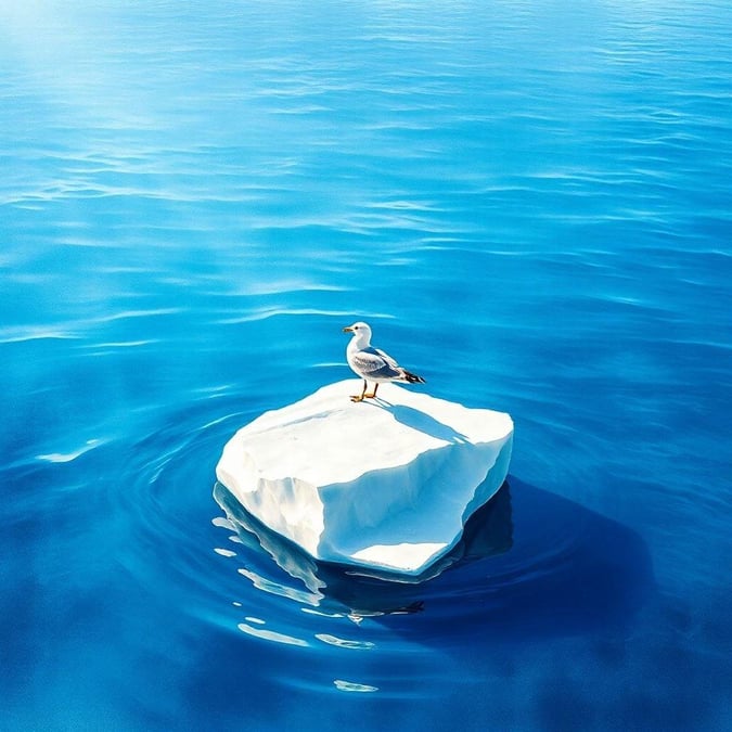 A tranquil moment in the icy wilderness, featuring a majestic seagull perched on a floating iceberg.