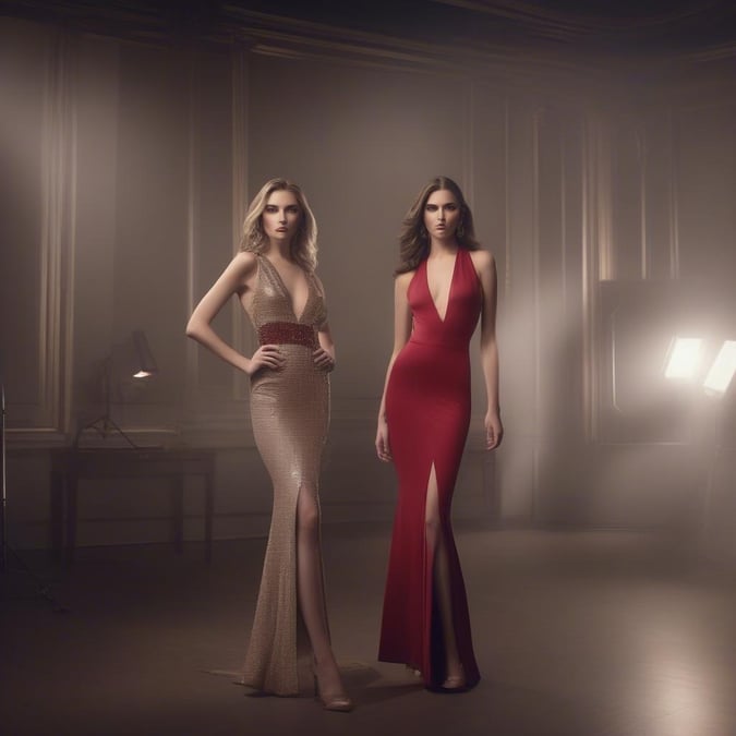 A scene from a glamorous event, featuring two stylish women in elegant evening wear.