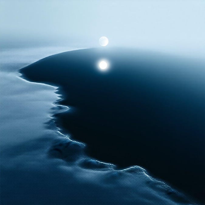 A serene black and white view of the ocean at night, with the full moon casting a gentle glow over the calm waves.