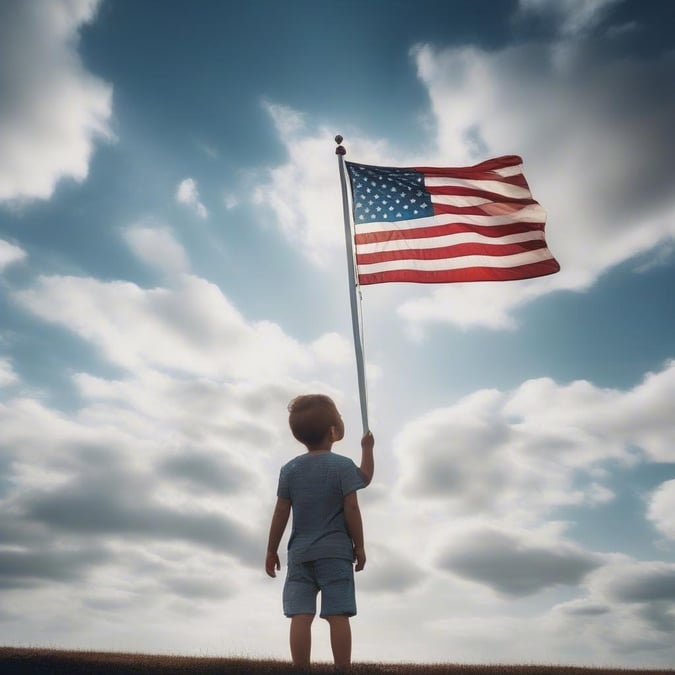 An innocent young boy proudly holding up the American flag on Independence Day, with a backdrop of clear skies and an uplifting message.