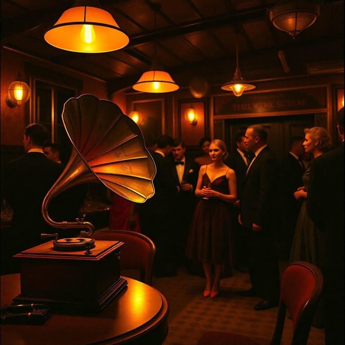 A sophisticated 1920s party scene, with guests in period attire gathered around a table adorned with an old-fashioned phonograph and fine china. The warm glow of the room's vintage lighting creates an atmosphere of elegance and celebration.