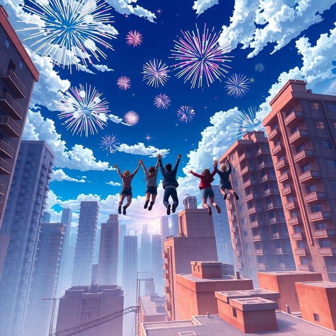 Experience the vibrant energy of an anime-style fireworks display, set against a backdrop of towering buildings and a group of people jumping in celebration.