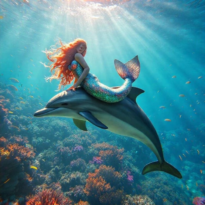 Embark on an enchanting journey beneath the ocean waves with a mermaid. Witness the vibrant coral reef and the playful dolphin as they navigate this magical underwater world.