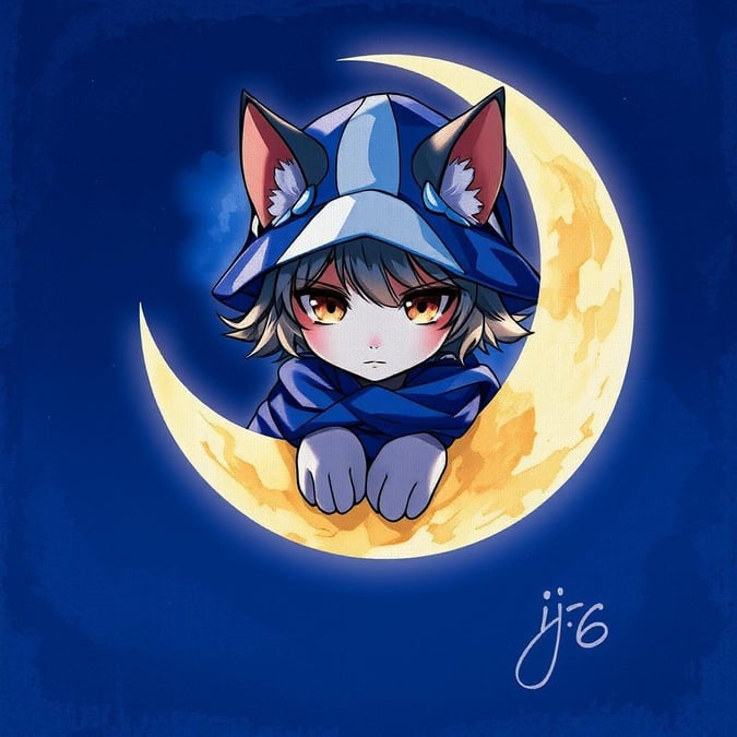 This anime-style illustration features a young cat with a blue and white striped hat, perched on a crescent moon against a deep blue background. The artist's signature adds a personal touch to this imaginative scene.