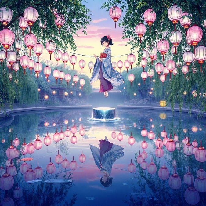 This serene anime wallpaper features a geisha floating on a pond of water, surrounded by a large number of white and pink lanterns. The weeping willow trees add to the peaceful atmosphere, with some leaves still attached to them. The reflection of the geisha is visible in the water, creating a sense of depth and tranquility.