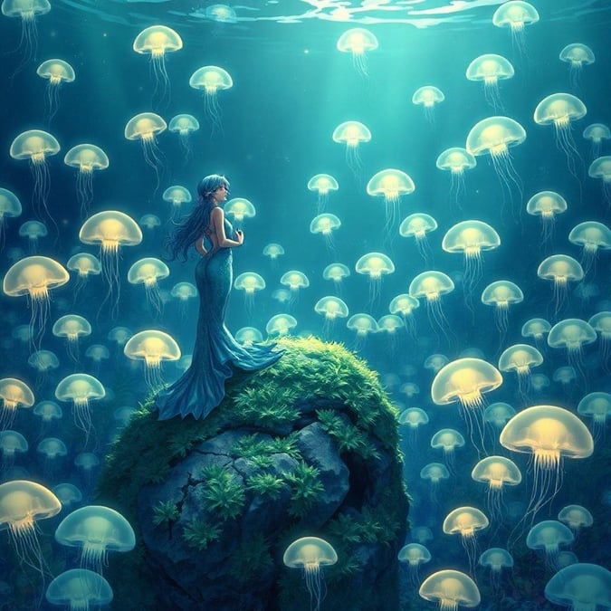 Immerse yourself in the serene beauty of this anime-inspired wallpaper, featuring a mermaid standing on a kelp-covered rock, surrounded by a lush forest of glowing jellyfish.