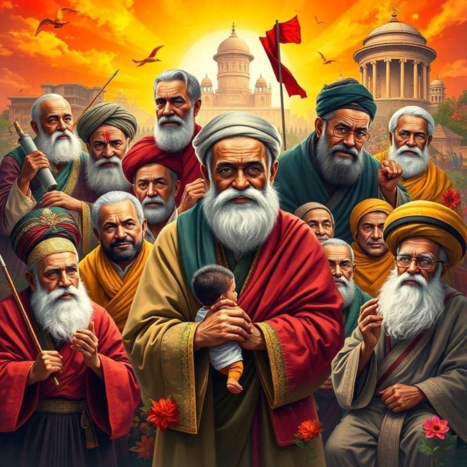 A heartwarming scene of men with beards and turbans, some cradling babies, set against the backdrop of a majestic building with a dome. This image embodies the spirit of Father's Day, honoring the bond between fathers and their children, while also celebrating cultural diversity and heritage.