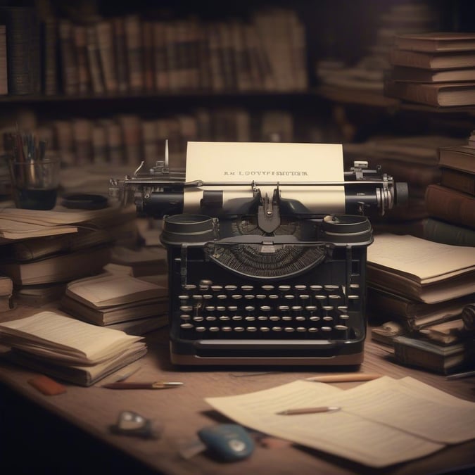 An old-fashioned typewriter nestled amidst stacks of books, evoking the charm and nostalgia of classic literature.