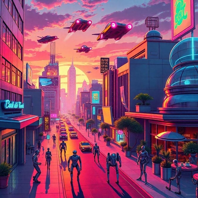 Sci-fi city at dusk. Futuristic flying cars are landing in a bustling metropolis during the sunset, creating an atmosphere of advanced technology and lively urban life.