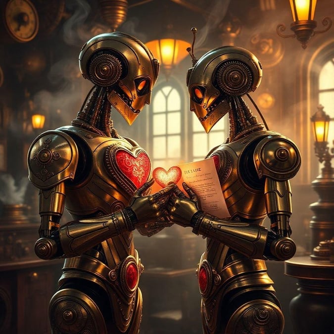 This Valentine's Day wallpaper captures the essence of love and technology coming together in a unique and romantic way. The image features two robots holding hands and exchanging a heart-shaped message, symbolizing the universal language of love.