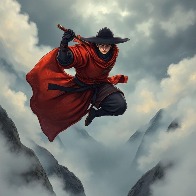 This captivating anime illustration depicts a skilled ninja warrior in mid-leap, traversing a misty mountain pass. The warrior's vibrant red and orange patterned cloak, gold headpiece, and black hat create a striking visual effect, while the intricate details of the cloak and cloak add a whimsical touch. The mysterious figure, shrouded in mystery, is set against a dark, cloudy sky, highlighting the warrior's determined pose.