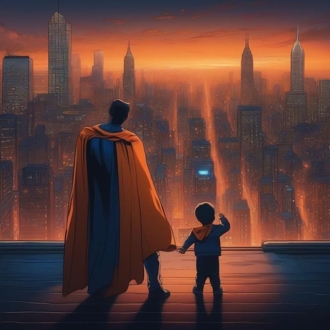 Une scène réconfortante d'un super-héros et d'un enfant debout sur un toit, regardant la silhouette de la ville alors que le soleil se couche. Le super-héros, vêtu d'une cape orange vif, se tient grand et fier, tandis que l'enfant le regarde avec émerveillement et admiration.