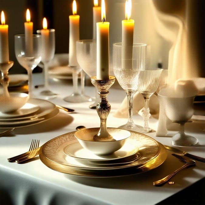 This beautifully set table suggests a sophisticated meal in an opulent setting. The attention to detail and the classic candlelight ambiance hint at a special occasion or a fine dining experience.