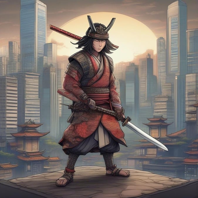 This anime-style wallpaper features a samurai warrior standing in front of a modern cityscape, blending traditional Japanese culture with contemporary architecture.