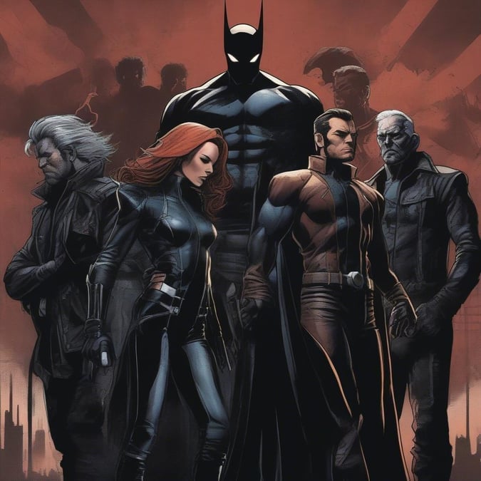 Assembled are some of the most legendary heroes from the DC Comics Universe, standing united against a backdrop of danger and intrigue. Batman leads the charge in the center, flanked by Wonder Woman on his left and The Flash on his right. Behind them, Superman, Martian Manhunter, and Aquaman add their strength to the ensemble, ready for whatever adventure may come their way.