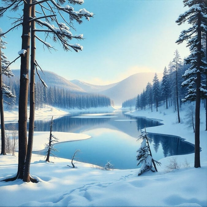 Immerse yourself in the serene beauty of a tranquil lake scene, blanketed in snow and surrounded by towering trees, evoking a sense of peacefulness and wonder.