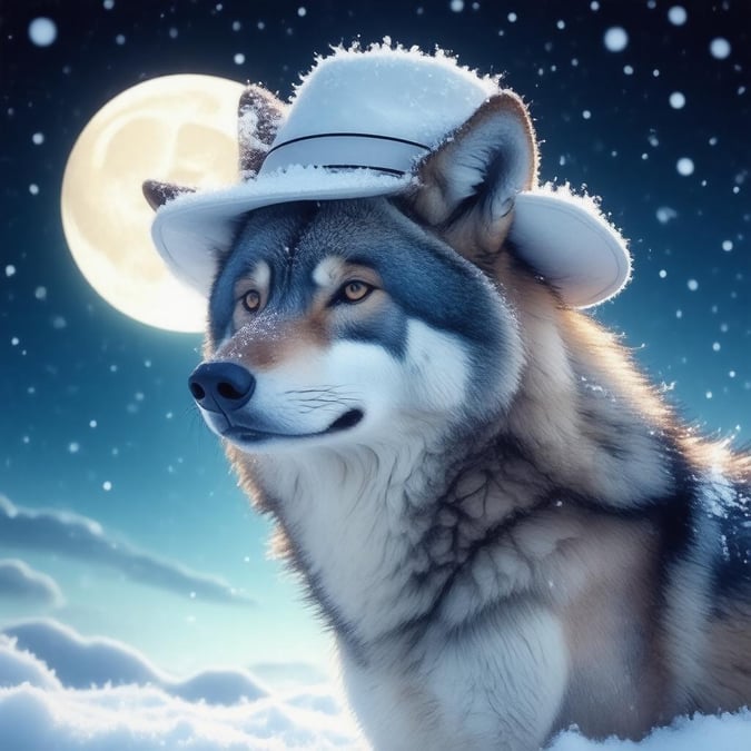 This anime-style wallpaper features a lone wolf standing in the snow, wearing a white hat and hat, with a kaleidoscope of blue and green fur. The moon glows softly in the background, creating a serene and peaceful atmosphere.