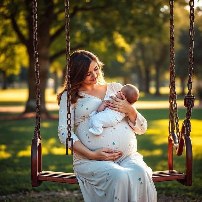 This serene image captures the essence of motherhood, perfect for Mother's Day. The gentle swing and the loving embrace between a mother and her baby create a heartwarming scene.