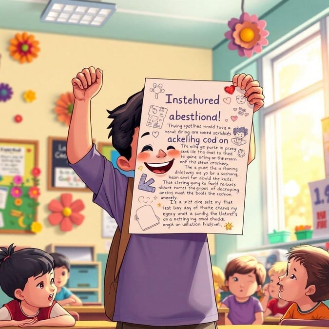 This scene captures the excitement and joy of going back to school. The little boy, standing in front of his classmates, proudly shows off a homemade sign expressing his enthusiasm for education. The classroom is decorated with bright colors, flowers on the window, and a fun learning atmosphere. Perfect wallpaper for anyone looking to embrace the spirit of learning and back-to-school time.