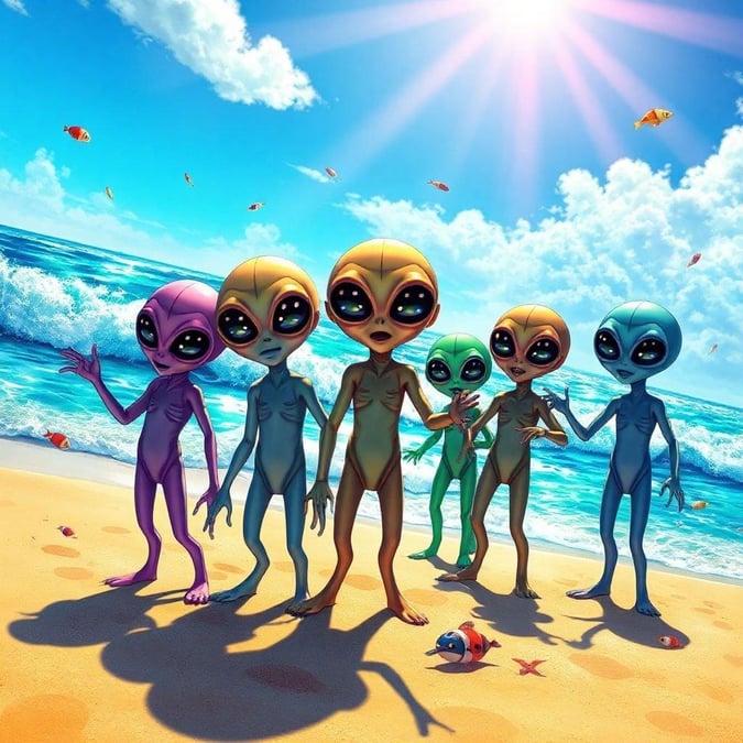 The extraterrestrial gang heads to the beach, ready for some fun and sun!