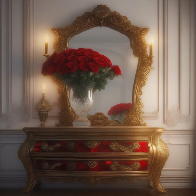 Add a touch of elegance to your digital space with this captivating wallpaper. Featuring a luxurious gold-toned vanity with an ornate mirror and candlesticks, the centerpiece is a stunning bouquet of red roses, symbolizing love and passion. Perfect for weddings or anniversaries, or simply to bring a bit of romance into your everyday.