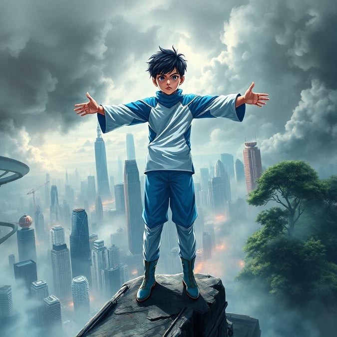 This stunning anime wallpaper features a young boy standing confidently before an impending disaster, his powerful pose and commanding presence captivating the viewer's attention. The cityscape below him is shrouded in smoke and mist, adding a sense of mystery and intrigue to the scene. The illustration is a masterful blend of action and tranquility, making it a compelling addition to any desktop or mobile device.