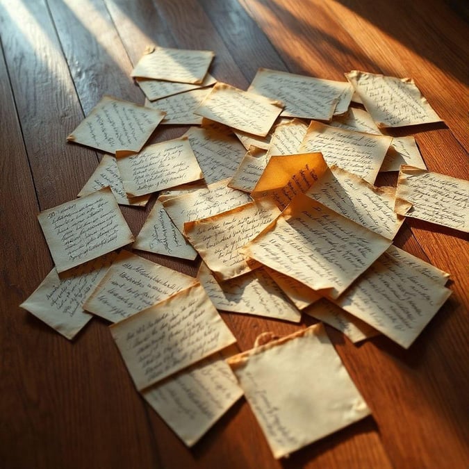 A collection of handwritten love notes scattered on a wooden floor, bathed in warm sunlight.