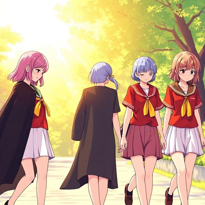 A group of schoolgirls wearing sailor fuku uniforms walking in an anime style.