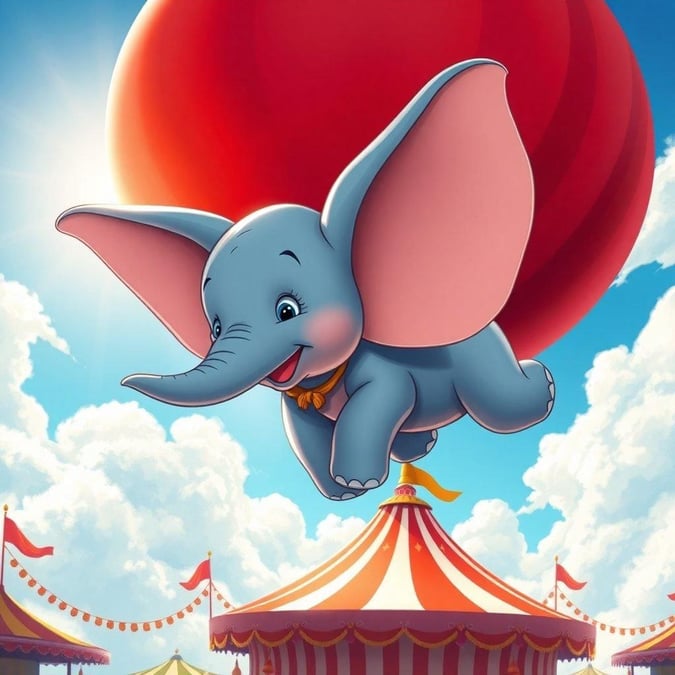 Bring the magic of Dumbo to your screensaver with this delightful scene from Disney. The cheerful elephant is floating high in a clear blue sky, ready for adventure. The vibrant colors and whimsical setting make this image perfect for desktop or mobile wallpaper.