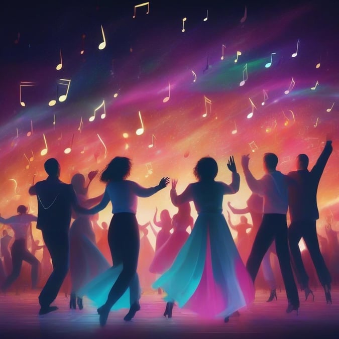 People are energetically dancing with musical notes floating around them, set against the backdrop of a vibrant night sky.