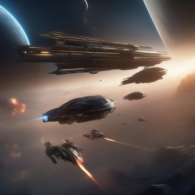 An epic scene from a space opera game, featuring massive battleships and sleek corvettes. The cosmos serves as the stage for this interstellar battle.