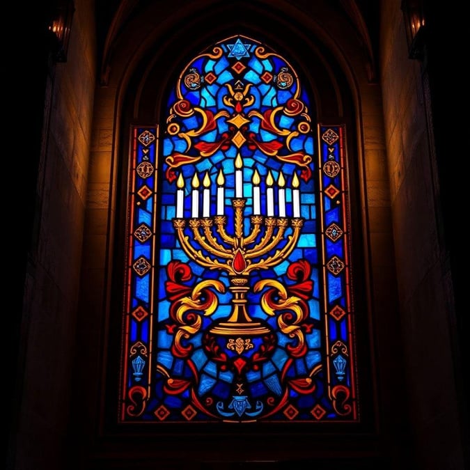 This festive image captures the warmth and joy of Hanukkah, a Jewish holiday that honors the rededication of the Holy Temple (the Second Temple) in Jerusalem. The central focus is the traditional candelabra, known as a menorah, signifying the light of freedom and hope. The vibrant colors and intricate design are characteristic of the stained glass artwork often found in synagogues during this holiday.