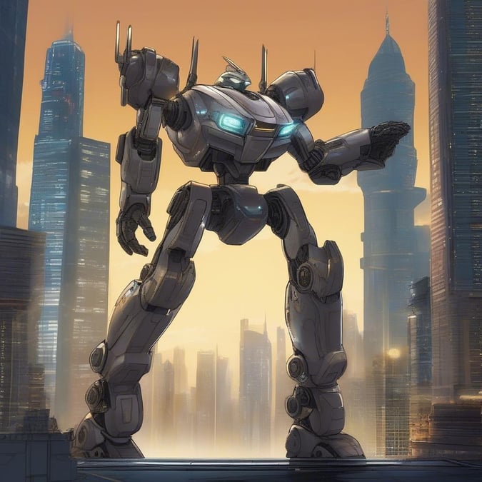 A triumphant futuristic mecha robot stands tall in a cityscape against a golden sunset. The sleek armor and glowing eyes of the robot reflect the light, making it stand out amidst the towering skyscrapers in the background.