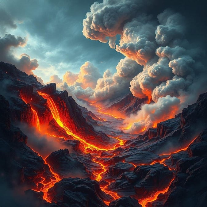 This stunning landscape wallpaper captures the raw power and beauty of a volcano erupting in the background, with a river of lava flowing through the foreground. The dramatic sky filled with clouds adds to the intensity of the scene, making it a perfect choice for anyone who loves nature and adventure.