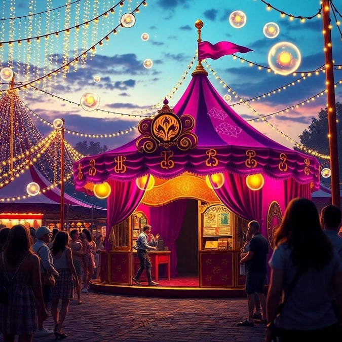 A vibrant carnival scene at dusk, with a carousel as the main attraction, surrounded by colorful lights and lively music, capturing the excitement and joy of a summer evening.