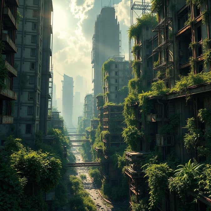 A city overgrown with lush vegetation, a testament to nature's resilience amidst urban decay.