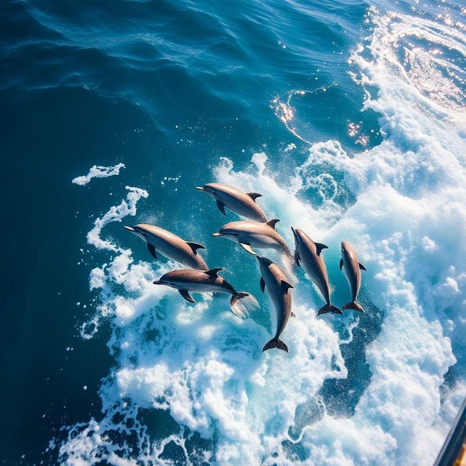 These six playful dolphins are enjoying their time together in the open ocean, possibly attracted by the ship nearby. A peaceful scene that captures the beauty and freedom of marine life.