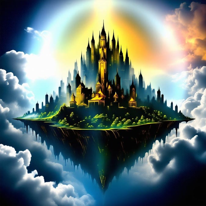 This fantasy-themed 3D art depicts an otherworldly castle sitting majestically atop a floating island. The image is vibrant, with a palette of blue, yellow and green, giving it a dreamlike quality that evokes the sense of being in a fairy tale.