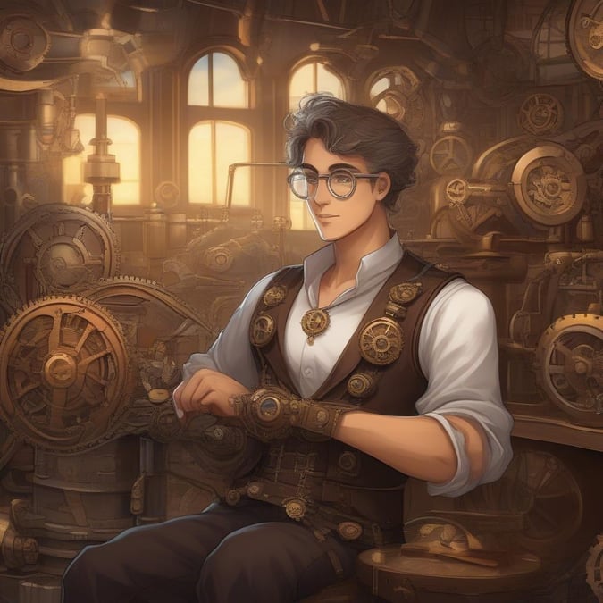 Bu muhteşem steampunk duvar kağıdına hazır olun, karmaşık dişliler ve aletlerle çevrili parlak bir mucidi içeriyor. Bulanık arka plan, masaüstü ve mobil kullanım için mükemmel olan anime benzeri bir atmosfer yaratıyor.