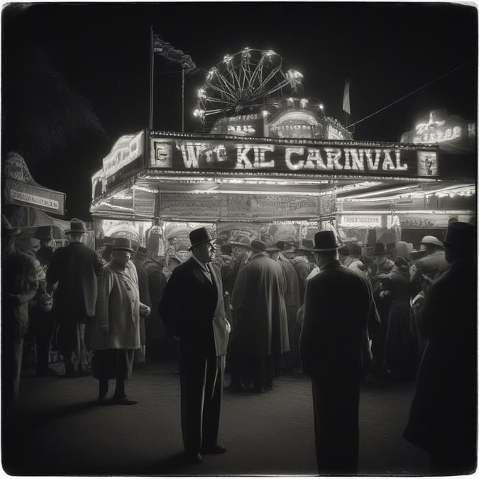 A lively and festive scene of a carnival at night, with a crowd of people gathered in front of a sign that reads 'WILD KIE CARNIVAL' in large letters.