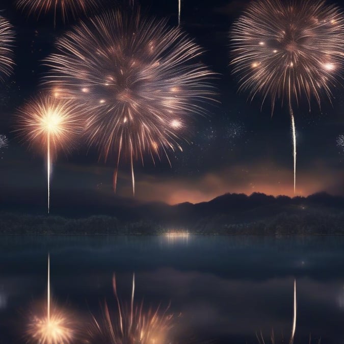 Celebrate Independence Day with this stunning wallpaper featuring fireworks exploding over a serene lake. The vibrant colors and dynamic patterns of the fireworks create a sense of energy and excitement, while the calm waters of the lake provide a peaceful contrast. This image is perfect for anyone looking to add a touch of patriotism and celebration to their desktop or mobile device.